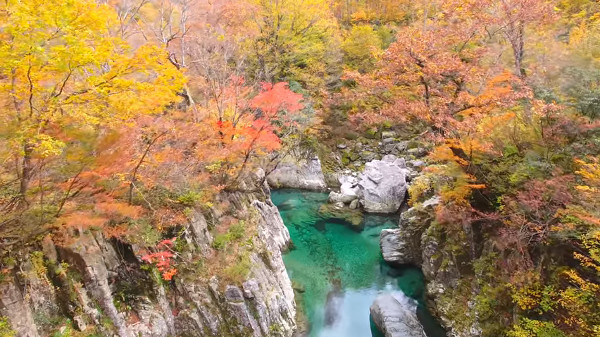 エメラルドグリーンに輝く玉川渓流 山形県小国町 の紅葉が美しい 心残景色